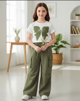 Girls’ Green Embroidered Bow White Short Sleeve Top & Cargo Pants Set