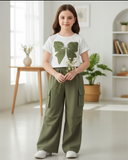 Girls’ Green Embroidered Bow White Short Sleeve Top & Cargo Pants Set