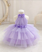 Girls Floral 3D Decor Sleeveless Tulle Purple Dress
