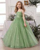 Tween Girls Pearl Strap Star Mesh Bow Mint Green Princess Dress