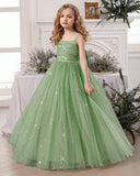 Girls Pearl Strap Star Mesh Bow Mint Green Princess Dress