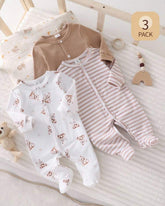 3-Piece Baby Footed Romper Set – Cute White Bear Print & Striped