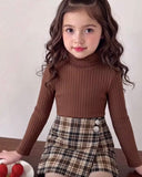 Girls Knit Brown Turtle Collar Top & Plaid Skirt Set