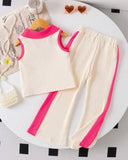 2pcs Girls 3D Floral Knitted White and Pink Polo Vest And Flared Pants