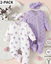 Newborn Baby Girl 4pc Set – Heart & Polka Dot Long Sleeve Zipper Romper with Headband