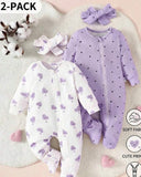 Newborn Baby Girl 4pc Set – Heart & Polka Dot Long Sleeve Zipper Romper with Headband