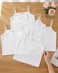 5pcs Girls White Milk Silk Camisole Set with Pink Bow