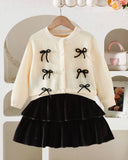 Girls Bow Decor Round Neck Long Sleeve Apricot Cardigan And Skirt