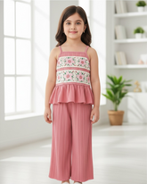 Girls 2PCS Pink Crochet Lace Camisole & Wide-Leg Pants Set