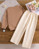 Girls Khaki 3D Floral Decor Round Neck Long Sleeve Sweatshirt And Pants Set