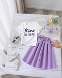 Girls Print Tee & Purple Belted Skirt Set