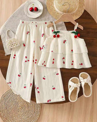 Cherry Print Cami Top With 3D Pom Pom Decor & Straight Leg Pants