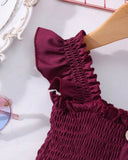 Floral Patchwork Summer Dress – Burgundy Colour Faux Shirred Cap Sleeve Dress