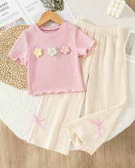 Girls Pink 3D Floral Textured T-Shirt & Pants Set β 2pcs Casual Outfit