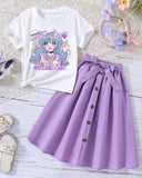 Cartoon Printed Purple Short Sleeve T-Shirt And Elastic Waist Skirt