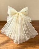 1PC Cream White Multi-Layer Tulle Rhinestone Bow Hair Clip