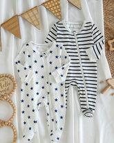 2pcs Newborn Star Stripe Print Cute Long Sleeve Footed Romper Set