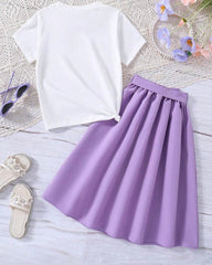 Girls Print Tee & Purple Belted Skirt Set