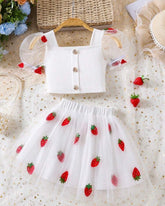 Baby Girl Strawberry Petal Sleeve Mesh Top & Skirt Set