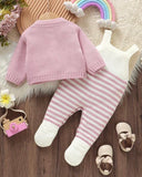 Newborn Baby Pink and White Striped Cardigan + Suspender Romper