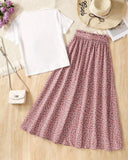 Teen Girls 2-Piece White Graphic Knit T-Shirt & Ditsy Floral Skirt Set