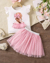 Girls Cartoon Print Mesh Splice Cap Sleeve Top And Heart Mesh Skirt