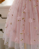 Pink Puff Sleeve Formal Party Tulle Dress with Cinched Waist