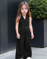 Baby Girl Elegant Black Sleeveless Lapel Collar Jumpsuit