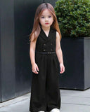 Baby Girl Elegant Black Sleeveless Lapel Collar Jumpsuit