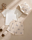 3pc Baby Boy Beige Bear Print Outfit Set – T-Shirt, Shorts & Cap (Summer)