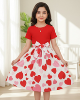 Girls Red Knit Dress with Heart Hem & Tie Waist – Cute Summer Casual Dress for Kids
