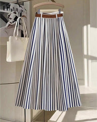 Casual Fashionable Versatile Elastic Waist With Brown Leather Belt Pleated Maxi Skirt