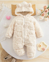 Baby Girl Winter 3D Fluffy Heart Pattern Zipper Hooded Romper