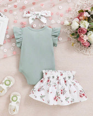 Baby Girl Green Printed Flutter Sleeve Bodysuit and Printed Skirt Outfit