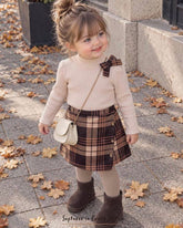 Baby Girl Beige Rib-Knit Bow Tee & Plaid Skort Set