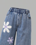 Tween Girls Purple 3D Floral Cardigan & Vintage Floral Blue Jeans Set