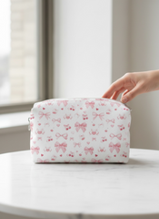 Kawaii Style White Makeup Pouch With Bow, Cherry & Heart Pattern