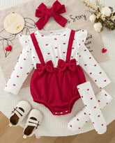 Baby Girl 3D Red Heart Flutter Sleeve Denim Overall Bodysuit + Bow Ruffle Socks
