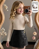 Young Girl Knit Beige Collar Top & Black Skort Set