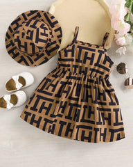 Baby Girl Letter Print Dress With Hat 2-Piece Set