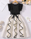 Girl Black and White Ruffle Trim Sleeveless Elegant Dress