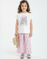 2 pcs White T-Shirt & Pink Bow Design Loose Pants