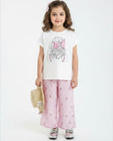 2 pcs White T-Shirt & Pink Bow Design Loose Pants