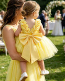 Baby Girls Yellow Satin & Mesh Princess Dress with 3D Flowers