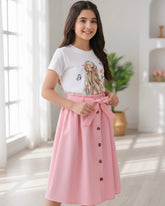 Tween Girl Cartoon Printed Pink Short Sleeve T-Shirt And Waist-Tied Skirt