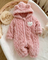 Baby Girl Winter 3D Pink Fluffy Heart Pattern Zipper Hooded Romper
