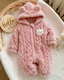 Baby Girl Winter 3D Pink Fluffy Heart Pattern Zipper Hooded Romper
