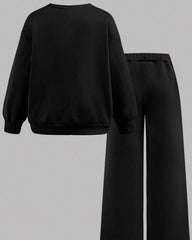 Tween Girl Casual Bow Print Knit Solid Color Loose Drop Shoulder Long Sleeve Sweatshirt & Wide Leg Sweatpants Set