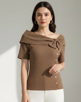 Women’s Brown Asymmetric Bow Decor Casual T-Shirt