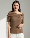 Women’s Brown Asymmetric Bow Decor Casual T-Shirt